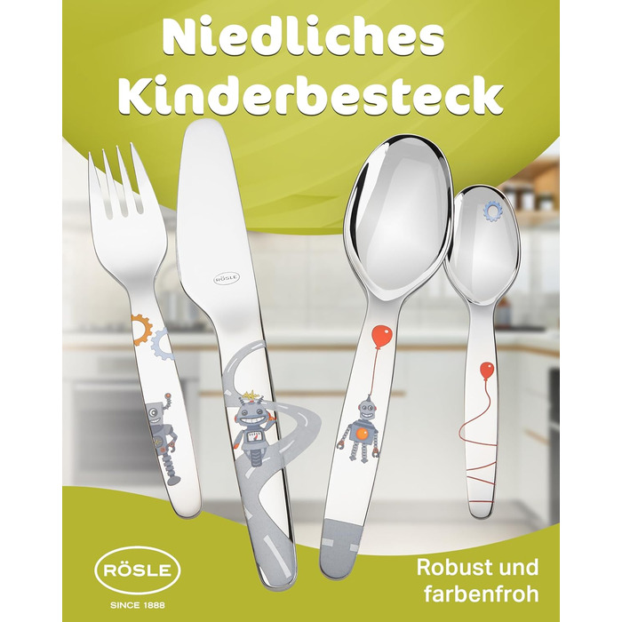Набір дитячого посуду RÖSLE Kinderbesteck – 4 предмети з нержавіючої сталі 18/10, для дітей від 3 років, безпечний, можна мити в посудомийній машині, чудовий подарунок на хрещення, дизайн 'Маленький робот'