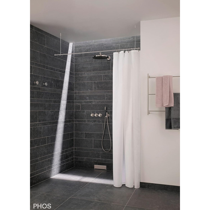 Карниз для душової кабіни вільно висить 160 см для стельового монтажу, діаметр 12 мм, стельовий кронштейн 40 см можна вкоротити, нержавіюча сталь матова шліфована, душова штанга без отвору в стіні - PHOS Design