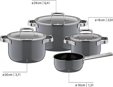 Набір каструль WMF Fusiontec 4 шт, нержавіюча сталь, індукція, для всіх плит, чорний (16/20/24 см) - Made in Germany