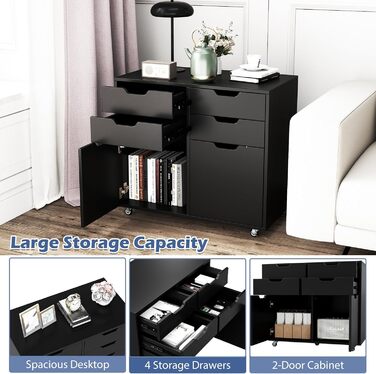Шафа для документів Komfotteu з 5 колесами, контейнер на коліщатах з 4 шухлядами та 2 дверцятами, дерев'яний офісний контейнер, шафа для документів, візок для офісу, стіл для принтера для офісу, вітальні (Білий) (Чорний)