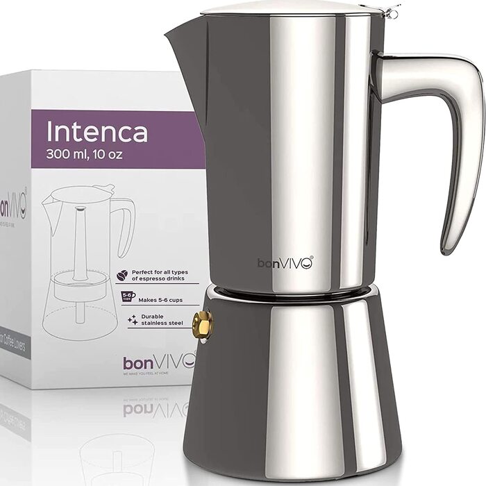 Індукційна Еспресо-плита bonVIVO Intenca-кавоварка з нержавіючої сталі з срібним покриттям-Чайник для води, ситечко-Мокко