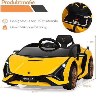 Дитячий електромобіль GOPLUS Lamborghini з пультом, Bluetooth, USB, музикою, для дітей 3-8 років, білий/жовтий