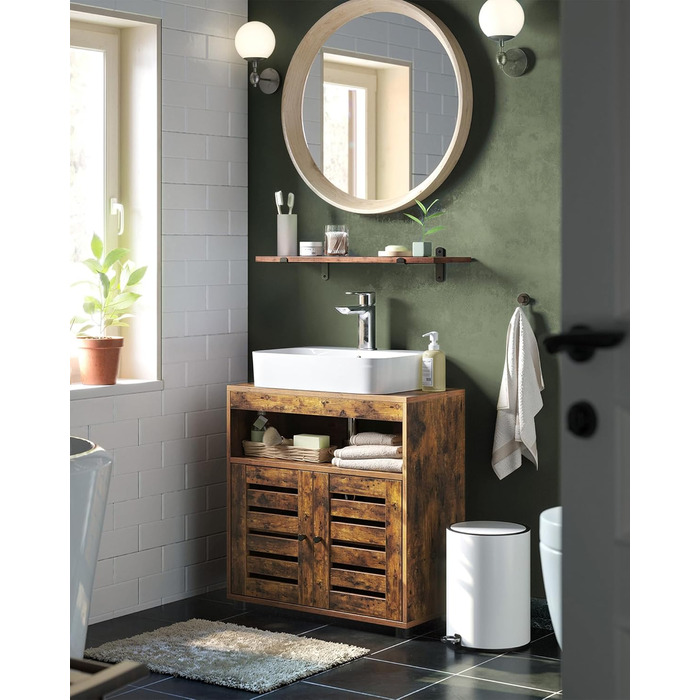 Підставка під раковину VASAGLE, шафка для ванної кімнати, 60 x 30 x 63 см, шафка для ванної, комод для зберігання з 2 дверцятами-решітками, з регульованою полицею, вінтажний коричневий BBK04BX