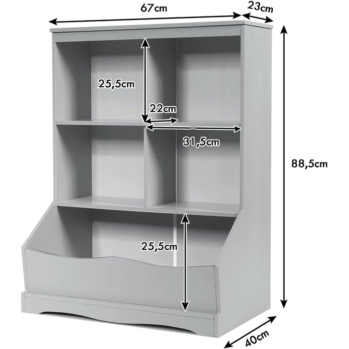 Ярусна шафа для іграшок COSTWAY, шафа для зберігання з відкритими відділеннями та коробкою, книжкова шафаКоробка для зберігання Стояча полиця для зберігання іграшок Дитяча кімната (сіра), 3-