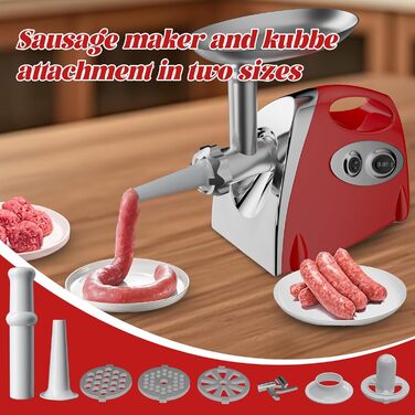 Електрична м'ясоподрібнювач Fleischwolf 2800W, 3 диски, з насадкою для ковбаси, потужність 2800 Вт, швидкість подрібнення 1,5 кг/хв (червоний)