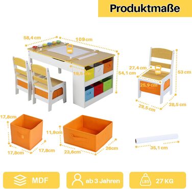 Дитячий стіл Kinder-Kunsttisch Set з 2 стільцями - дерев'яний набір для творчості для малюків з регульованою стільницею, відрами для пігментів та 8 тканинними ящиками для зберігання (Натуральний)