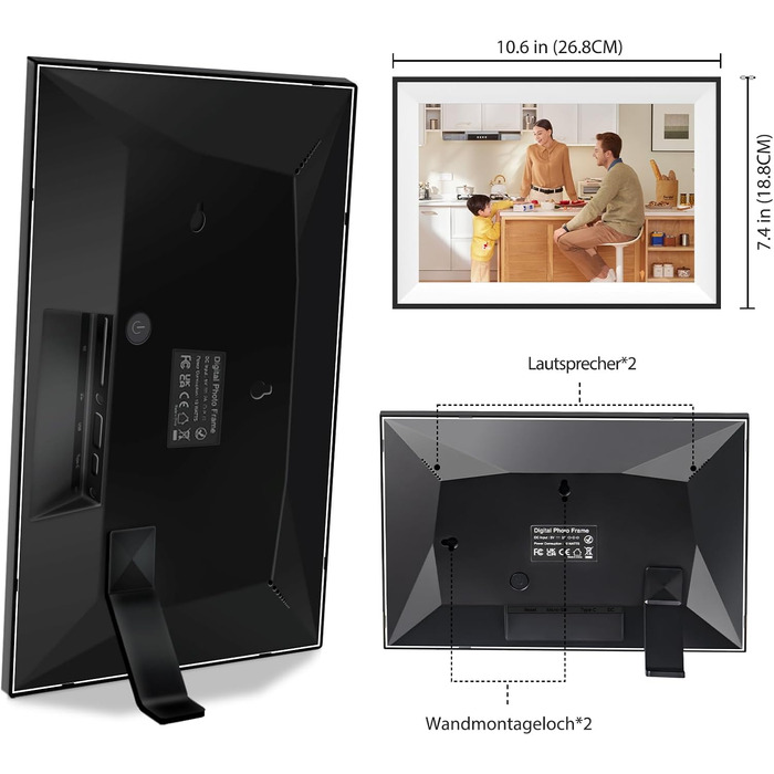 Цифрова фоторамка Frameo 10.1 дюймів WLAN, Full HD IPS сенсорний екран 1280x800, 32GB пам'ять, автоматичний поворот, можливість монтажу на стіну, керування через додаток Frameo (Чорна з білою рамкою)