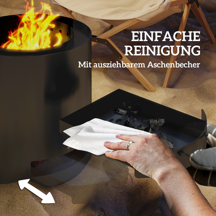 Вогнева чаша діаметром 45 см та висотою 42 см з нержавіючої сталі. Включає гачок для дров та контейнер для золи. Чорний колір.