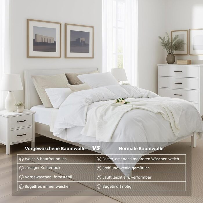 Бетліна 200x220 з бавовни бежевого кольору, супер м'яка, 100% предмита бавовна з льоноподібною структурою, сертифікат ÖKO-TEX. Комплект постільної білизни 200x220 з двома наволочками 80x80 з блискавкою (135x200 см, білий)