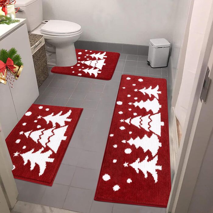 Набір килимків для ванної кімнати на Новий Рік: 3 шт. (червоний, з малюнком ялинки) - 45x65 см, 45x120 см, 50x60 см, нековзкі, водопоглинаючі, для туалету та душу