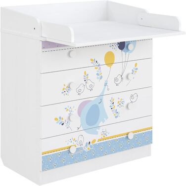 Дитяча пеленальна комода Shefa Kids Elefant з повітряною кулькою – 4 шухляди, з відкидним столиком, для дитячої/немовлятньої кімнати, ергономічна пеленальна станція, білий слон