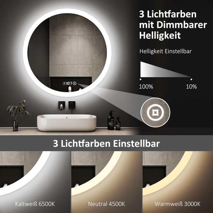 Круглий дзеркало для ванної кімнати Boromal з підсвічуванням, годинником та 3 кольорами світла (60см)