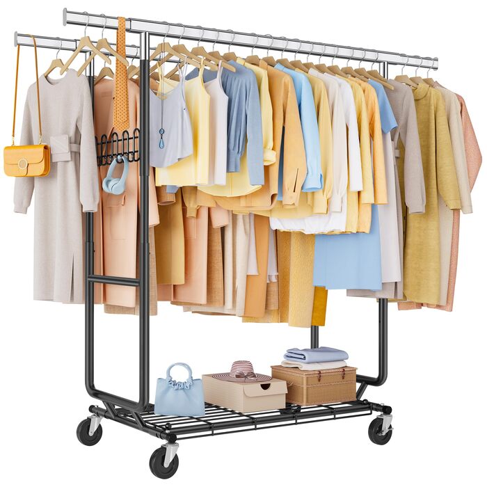 Стійка для одягу на колесах FAVOOOSTY, металева, мобільна, до 200 кг, чорна, 2 стійки