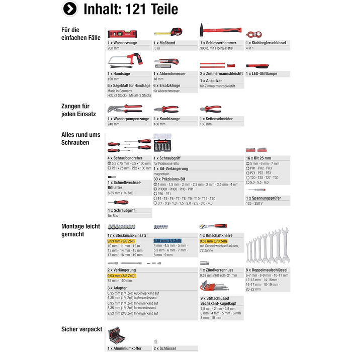Набір інструментів Meister 131 предмет - Knipex, Wera в алюмінієвому кейсі / Професійний валіза інструментів / Комплект інструментів 8973750