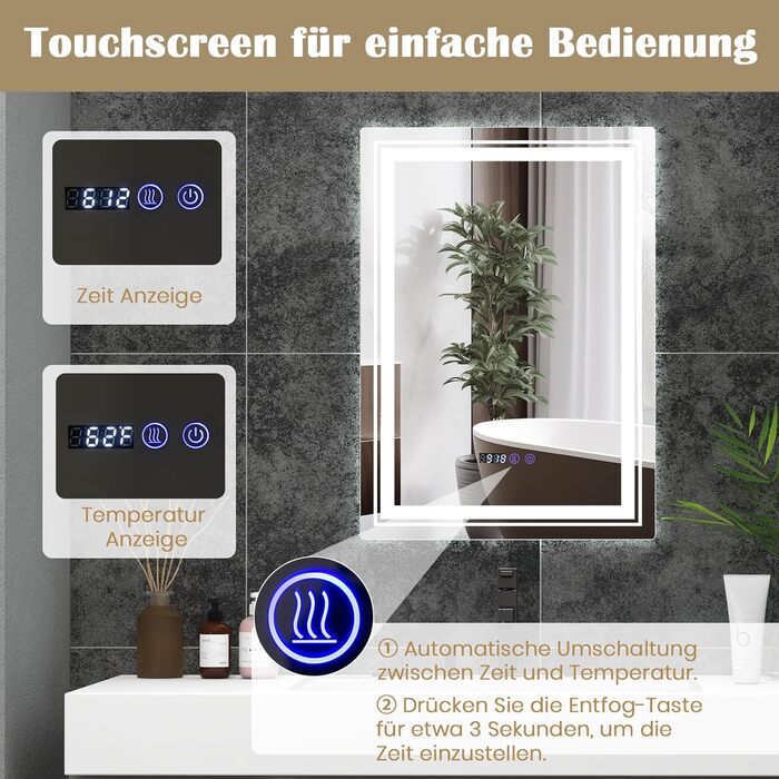 Дзеркало GOPLUS з підсвічуванням для ванної кімнати та вітальні з 3 кольорами світла, антизапарююче покриття, годинник, температура та функція пам'яті, модель 1