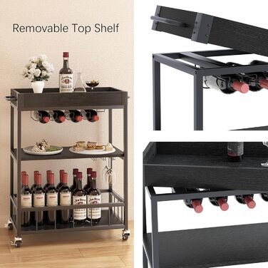 Сервізний візок Huhote з полицею для вина, барний візок, візок для напоїв, візок на колесах, візок для вина в їдальню, кухню, вітальню, бар, на вечірку, з імітацією текстури дерева (чорний, безіржавний кошик)