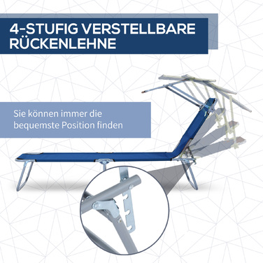 Шезлонг для відпочинку на сонці з сонцезахистом, складаний, з регульованою спинкою, металевий каркас, розміри 187 x 58 x 36 см, блакитний