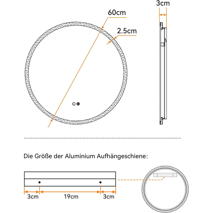 Дзеркало для ванної кімнати HOROW круглої форми з підсвічуванням, 80 см, LED, регулювання кольору світла (холодне, тепле, нейтральне), диммування, антизапар, без рами, IP44, енергозберігаюче (60x60 см)