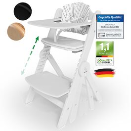 Дитячий стільчик ZWERGHELD® ZS3 Set - преміум якість, з регулюванням, для дітей від 6 місяців, до 90 кг, з підносом, дерев'яний (натуральний колір, білий)