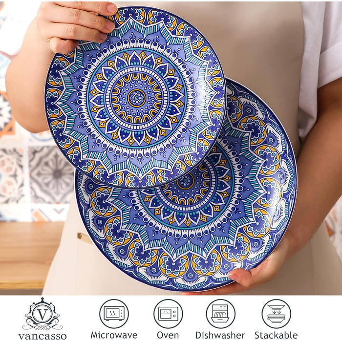 Посуд Vancasso Mandala, 16 предметів, порцеляновий набір для 4 осіб, блакитний, богемський стиль, ручна розпис