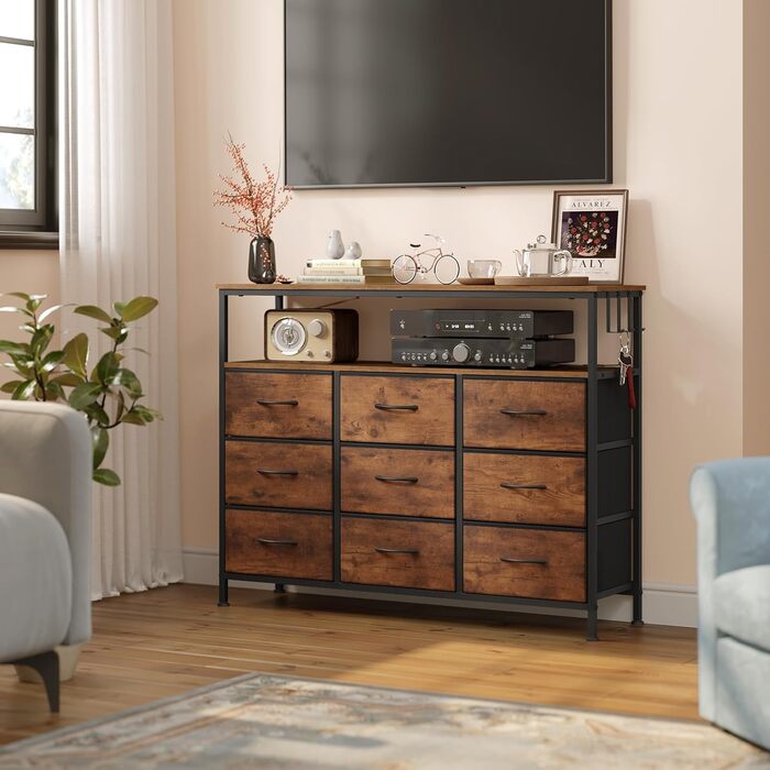 Комод WOLTU з 9 тканинними висувними ящиками, LED-підсвіткою та розетками, металевим каркасом, для вітальні, спальні, передпокою, рустикальний коричнево-чорний колір