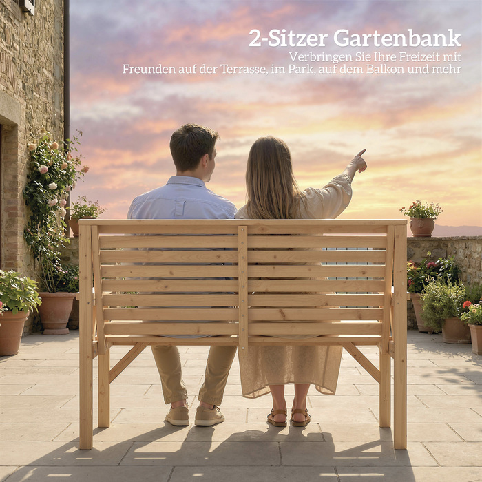 Двомісна дерев'яна лавочка для саду, лавочка з ламелями, з підлокітниками та спинкою, вуличні меблі для балкона, тераси, саду
