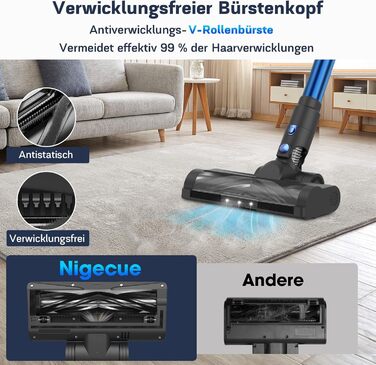 Бездротовий пилосос Nigecue 550W з акумулятором, 45000Pa, 60 хвилин роботи, Smart-дисплеєм, антизаплутувальною щіткою, 1.5L контейнером для сміття, для твердих поверхонь, килимів та шерсті тварин