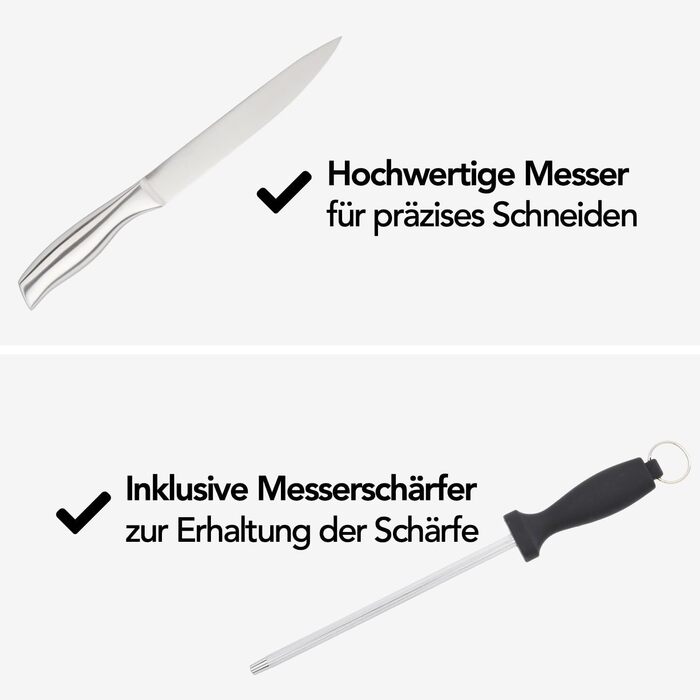 Набір ножів Brixy Messerset 16 предметів у блоці: ножі, шліфувальник, ножиці. Нержавіюча сталь, срібно-чорний колір, стійкий до подряпин.