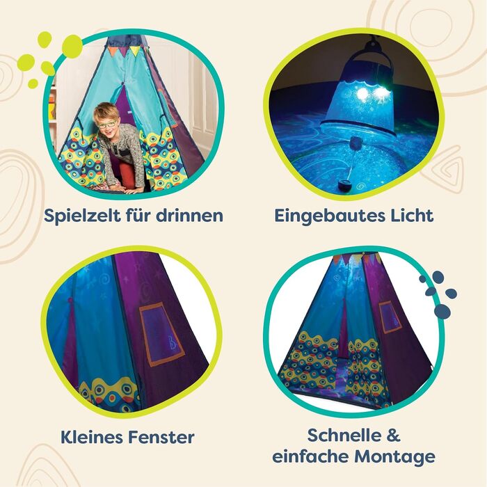 Дитяче намету B. toys Tipi з ліхтарем – ігровий намет для дому, кімнати, в приміщенні для хлопчиків та дівчаток від 3 років, блакитний