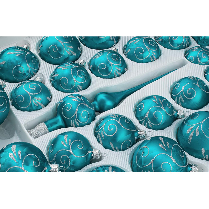 Набір скляних різдвяних дрібничок 'Ice Teal-Turquoise Silver - Ялинкові фенечки - Новорічні прикраси, 39 шт.