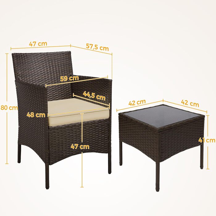 Набір садових меблів Yaheetech з поліротангу для балкона та саду: стіл та 2 крісла з подушками, коричневий