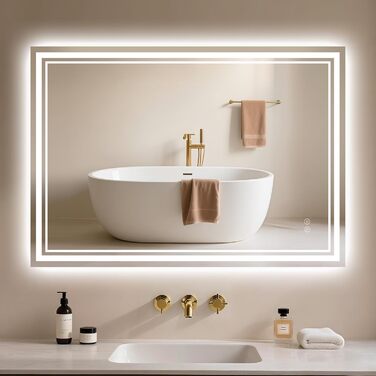 Дзеркало для ванної кімнати Badspiegel з підсвічуванням LED 50x70 см, антизапар, сенсорне управління, регулювання яскравості, 3 кольори світла, настінне, горизонтальне/вертикальне