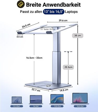 Регульований підставка для ноутбука, стійка для ноутбука на стіл, можливість стоячи, підставка для DJ ноутбука, компактна альтернатива столу, сумісна з MacBook та ноутбуками 13' - 16.5', чорний (сріблястий)
