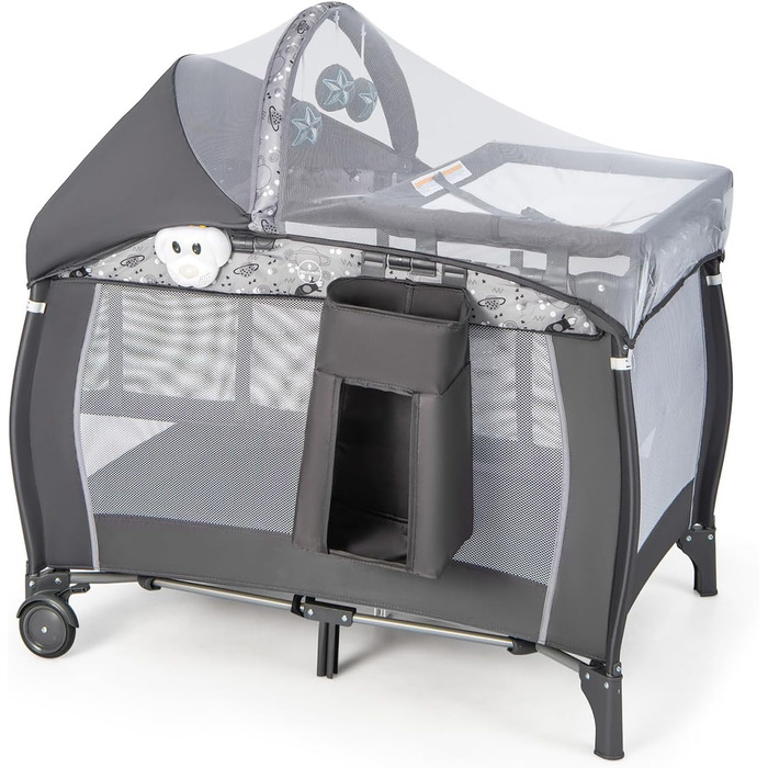 Детське туристичне ліжко Dreamade 102x72 см, 3 в 1 з матрацом, москітною сіткою та пеленальним столиком, сіре