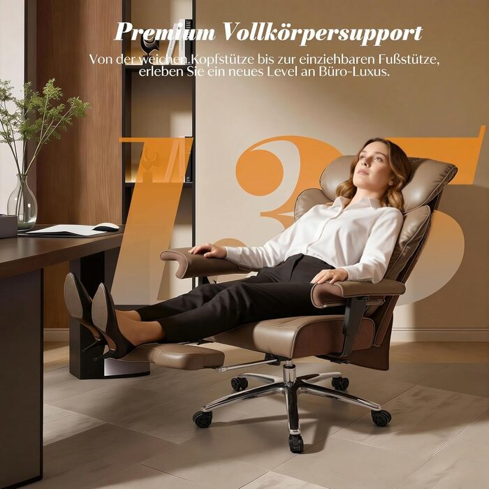 Офісний стілець Efomao XXL 200 кг з підставкою для ніг, штучна шкіра, висока спинка, регульовані підлокітники, підтримка попереку, сірий. Для дому та офісу