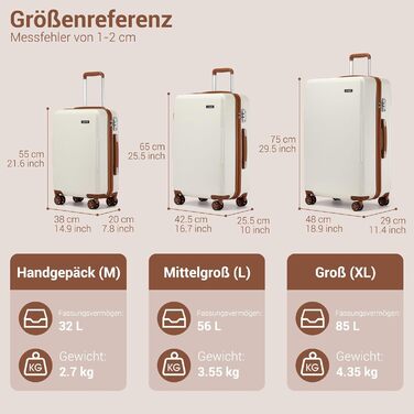 Чемодан KONO Mittelgroß: міцний ABS+PC, 60L, білий/коричневий, з TSA замком