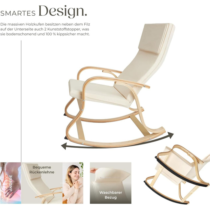 Гойдалка-крісло Tectake з підлокітниками, бежеве - для вітальні, дитячої, годування, спальні (до 150 кг) з подушкою