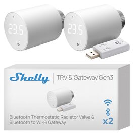 Shelly Blu TRV (2 шт.) + Shelly Blu Gateway Gen3: Розумний терморегулятор Bluetooth/Zigbee, точне регулювання температури, сумісний з Alexa та Google Home