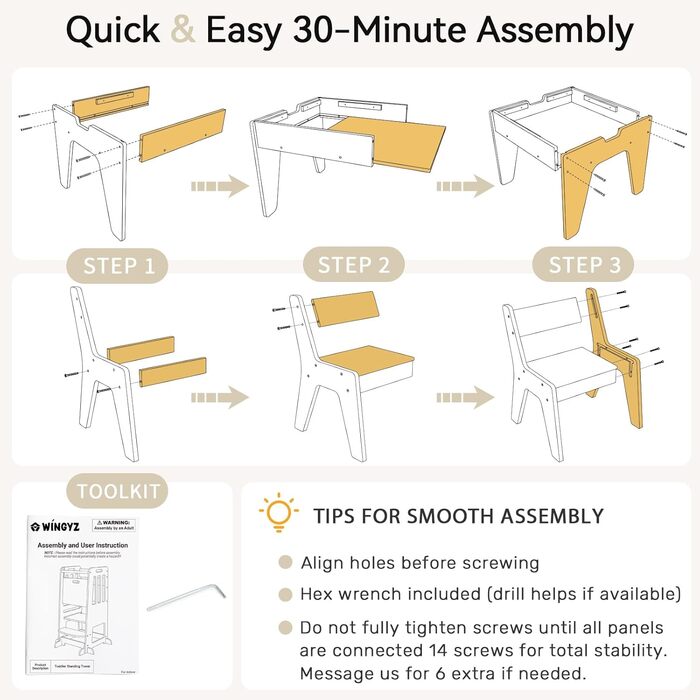 Дерев'яний дитячий набір меблів Wingyz 4-в-1: стіл, 2 стільці, стіл з місцем для зберігання. Ідеально для малювання, ігор та активностей.