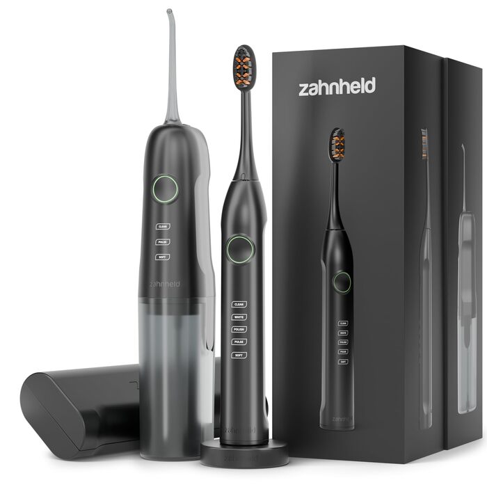 Електрична зубна щітка та іригатор Zahnheld Gero G3 AQUADENT чорного кольору: звукова щітка, очищення міжзубних проміжків, датчик тиску, таймер, USB-C