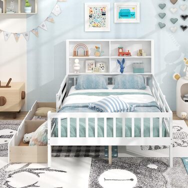 Двоспальне ліжко COSTWAY 140x200 з бортиками, дощечкою для малювання, 2 шухлядами та полицею, біле дерев'яне ліжко для дітей