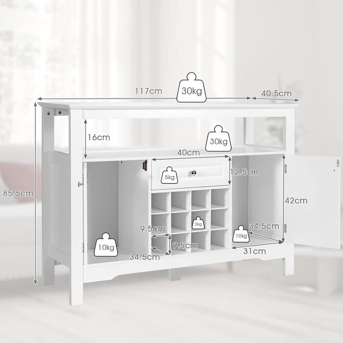 GIANTEX Буфет з полицями для вина, комод у шафу, білий, з ящиками та 2 шафами