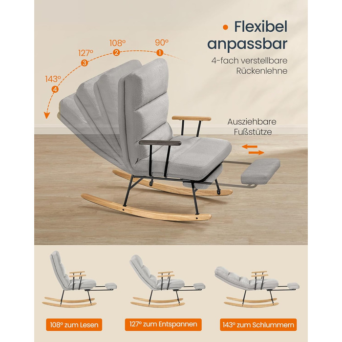 Крісло-гойдалка SONGMICS HOME з дерева каучука, з флісовою оббивкою, регульована спинка, до 160 кг, сірий (LYY016LJ01)