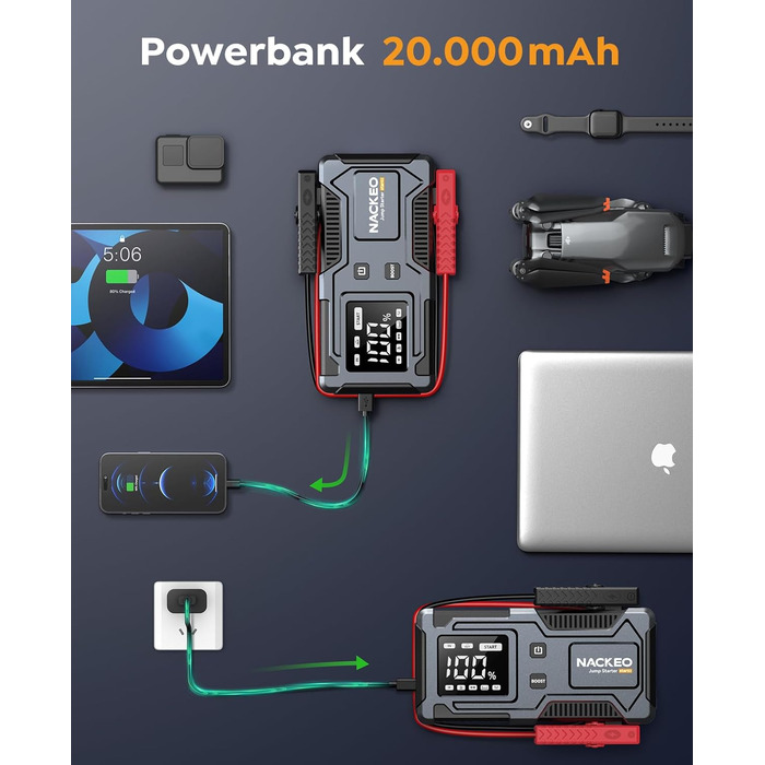 Powerbank Starthilfe 6000A: Зарядний пристрій для автомобіля 12V (до 9L бензин, 7L дизель) з кабелем, LED-лампою та дисплеєм – для SUV, мотоциклів, газонокосарок