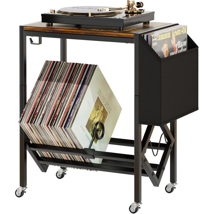 Стійка для зберігання вінілових платівок EKNITEY - 80 платівок, ретро, сталь та дерево, з мішком для організації, для програвачів