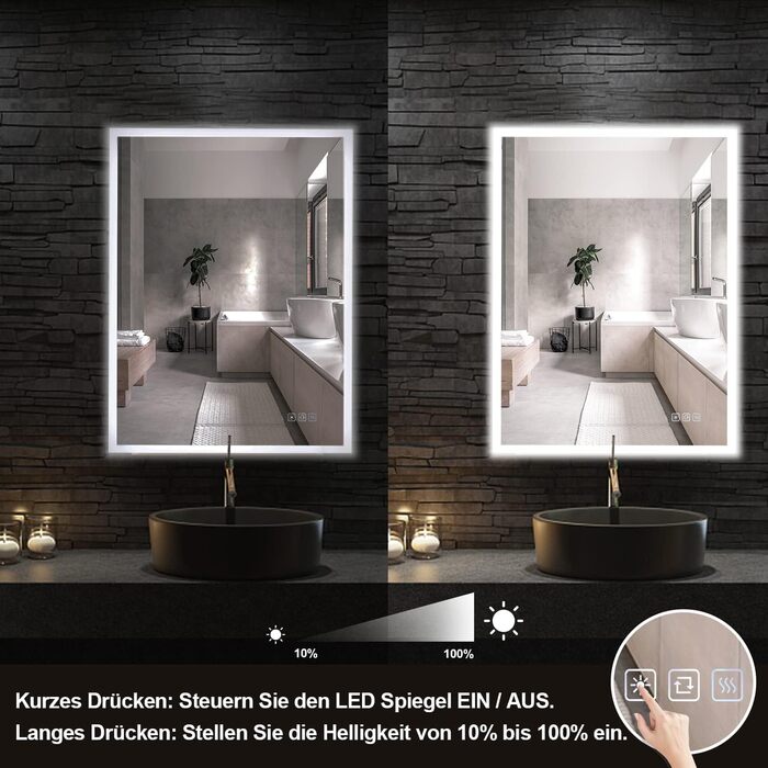 Дзеркало для ванної кімнати Furduzz LED, 70x50 см з підсвічуванням, сенсорним вимикачем, 3 кольори світла, регулювання яскравості, антизапарник, пам'ять налаштувань