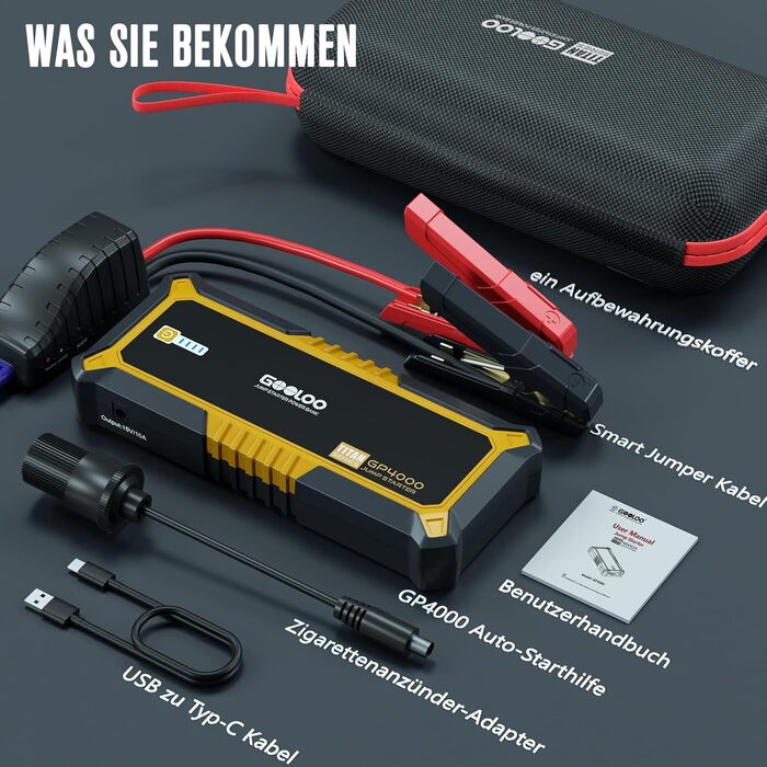 Powerbank Starthilfe GOOLOO GP2000 для автомобілів: 4000A, USB-швидка зарядка, LED, кабель для підзарядки, 8.0L бензин/6.0L дизель