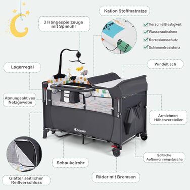 Дитяче ліжко-манеж COSTWAY 120x60 см з матрацом, пеленальним столиком, іграшками та музичною шкатулкою, сірий колір