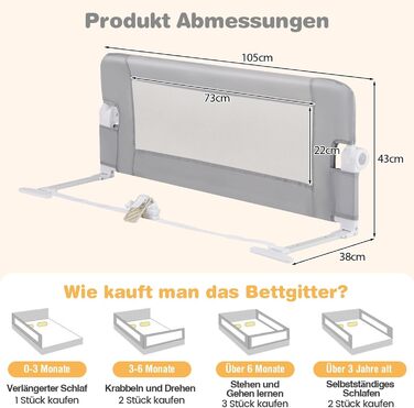 Бортик для ліжка COSTWAY складаний, захисний бар'єр для дитячого ліжка та батьківського ліжка 105x42 см (Сірий)