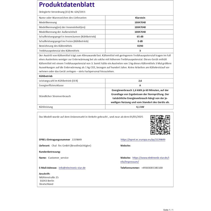 Klarstein AireLux: Мобільний кондиціонер 14000 BTU, до 51 м², керування через додаток та голосовий помічник, 4-в-1 (охолодження, осушувач, вентилятор, нічний режим), тихий, темно-сірий